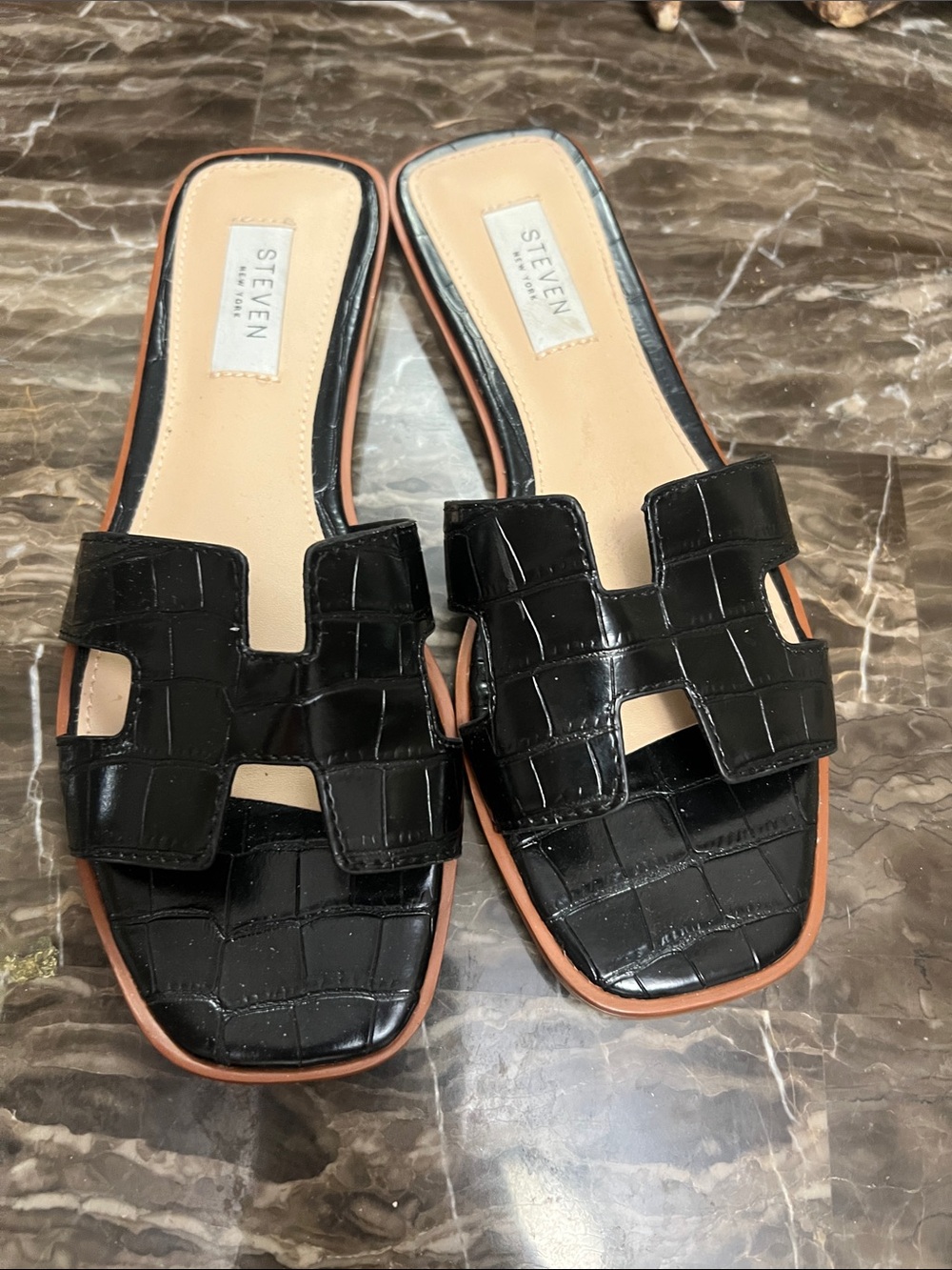 STEVEN by Steve Madden Black Croc-Embossed Slide Mules